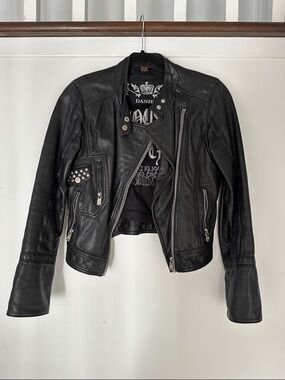 Danier Black Studded Asymmetrical Leather Moto Jacket